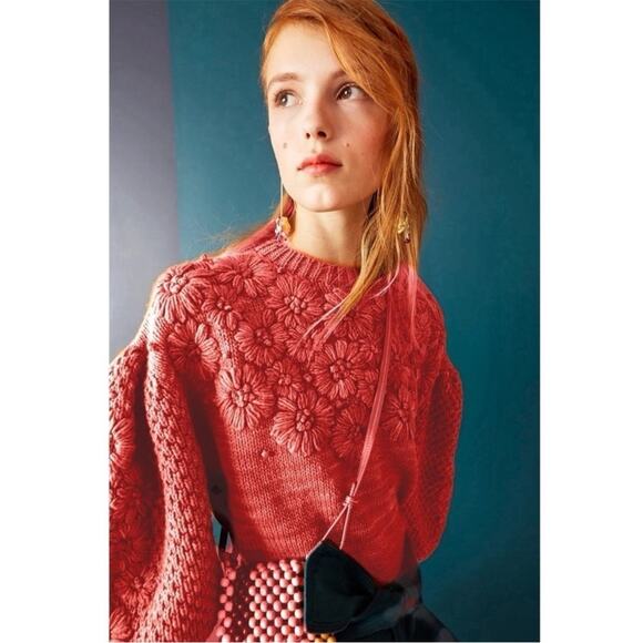 Ulla Johnson Ciel Merino Wool Sweater Floral Hand knit Embroidered Rose Large - Picture 1 of 11